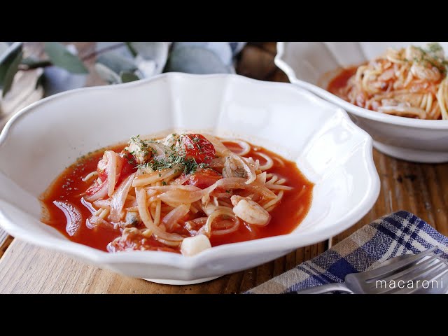 【トマトスープパスタ】魚介の旨味たっぷり♪トマト缶とシーフードミックスで簡単に♪｜macaroni（マカロニ）